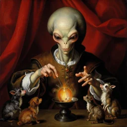 a baroque close - up portrait painting of an alien magician performing magic on animals. deep red curtains behind, black background. highly detailed science fiction painting by norman rockwell, moebiucs, frank frazetta, and syd mead. high contrast. renaissance masterpiece. artstation