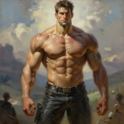 muscular male cyborg, muscle, painting by gaston bussiere, craig mullins, greg rutkowski, yoji shinkawa