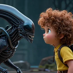 Dora the explorer face to face with Giger's Alien, by Moebius and Giger, greg rutkowski, very coherent, cinematic, hyper realism, high detail, vivid colors, octane render, unreal engine, 8k, Smooth gradients, High contrast, depth of field by Jacek Yerka