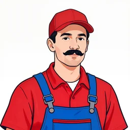 a portrait of a man with a mustache wearing a red shirt, blue overalls, and a red cap, crisp 8 k line art, digital painting, concept art, matte, sharp focus, illustration, unreal engine, art by todd schorr