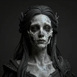 Hyper realistic film photography of Goddess of death with melting face, dark desaturated, ultra super good realistic 3D render by pete morbacher and Emil Melmoth, Trending on Artstation, 8k