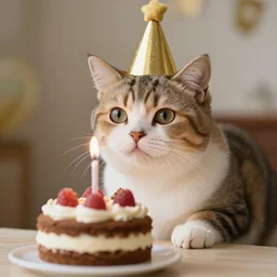 photo of a cute cat celebrating his birthday with a cake. highly - detailed, sharp focus, award - winning