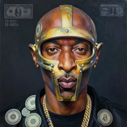 beautiful lifelike painting of mf doom showcases his prized collection of rhymes like dimes, hyperreal detailed facial features and uv lighting, art by ed roth and basil wolverton