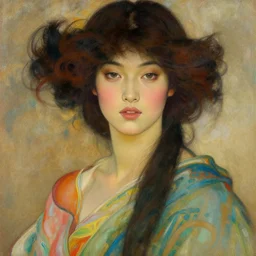 portrait soft painting of gorgeous asian woman wearing flowing colourful clothes, highly detailed face, detailed eyes, alphonse mucha, rhads, ross tran, artstation, artgerm, octane render