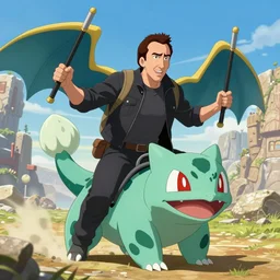 Nicholas Cage riding a bulbasaur into battle, photograph