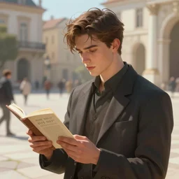 a young handsome man, reciting a poem in a public square. intricate, elegant, highly detailed, digital painting, artstation, concept art, sharp focus, illustration, by justin gerard and artgerm, 8 k