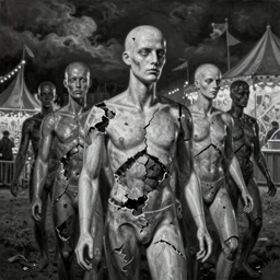 By Tom Bagshaw, ultra realist soft painting of a sinister broken mannequins parade at the curiosity carnival by night, symmetry accurate features, very intricate details, ominous sky, black and white, volumetric light clouds