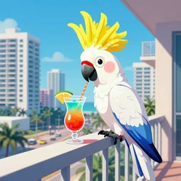 a cockatoo with a cocktail on a balcony overseeing miami, 1 9 8 0 s computer graphics, memphis design, the mind's eye, 8 0 s cgi demo, vintage computer rendering demo, stanley & stella ( 1 9 8 7 ), miami vice, vaporwave, margaritaville