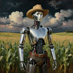 portrait painting of a farmer robot made of chrome in front of rolling cornfields and beautiful clouds. pulp sci - fi art for omni magazine. high contrast. dark background. baroque period, oil on canvas. renaissance masterpiece. trending on artstation. retrofuturism.