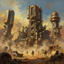 highly detailed painting of postapo steampunk rusty city in the middle of wasteland in Mad Max style by Daniel Dociu and Greg Rutkowski trending on Artstation, 4K, high quality