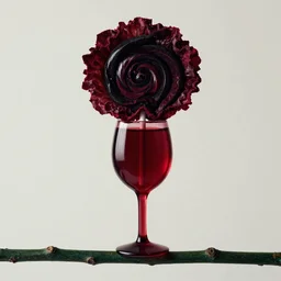 a photo of a lollipop with a dark red wrapper in the shape of a wine glass on a dark green twig wearing a kermit collar, the top is a black and dark red vortex made of velvet shards in the shape of a head of dark red butter lettuce