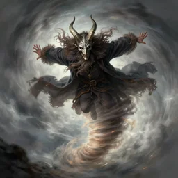 a flying wizard with horned mask surrounded by a tornado, art by greg rutkowski, by ilya kuvshinov, digital art, artstation, detailed, realistic, long hair, levitating wizard, inside the tornado