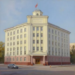 an extremely well painted and super detailed oil painting soviet era building in the wes anderson style, professional painting by beeple, dynamic lighting, trending on artstation, octane render, realistic fur, sharp focus