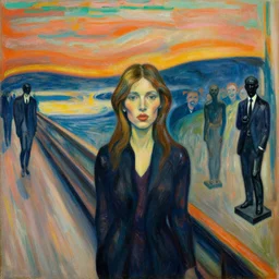portrait of a woman 3 5 mm cinestil, interior room, edvard munch, obsidian statues, scene from the godfather, crowd of smiles, miles johnston, cynical realism, lucian freud, monet, bruce bickford masterpiece, turquoise and orange and pink, ruan jia