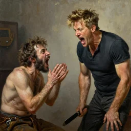 cavemen being screamed at by gordon ramsay oil painting