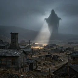 Misty ghost town, with a dark shadow of a ghost
