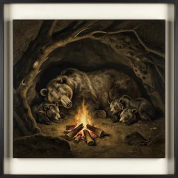 Pieter Claesz's 'bear and her cubs sleeping in a dark cave lit by campfire', night time, cross hatching, framed