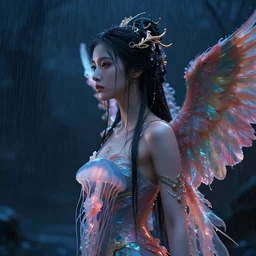 hyperrealism, night background rain, 3 / 4 profile portrait of a goddess, jellyfish phoenix crow wings, artwork by tooth wu and wlop. octane render, trending on artstation, greg rutkowski cinematic, hyper realism, high detail, octane render, 8 k