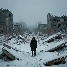 a lone man standing amidst the rubble of a snowy forgotten world, peaceful, depressing, dark, melancholy, 8k