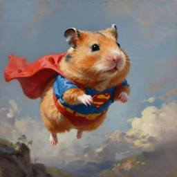 a hyper realistic oil painting of a hamster dressed as a superhero and flying through the sky