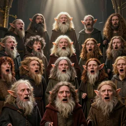 highly detailed closeup group portrait of medieval goblins singing in a choir, stephen bliss, unreal engine, greg rutkowski, ilya kuvshinov, ross draws, hyung tae and frank frazetta, tom bagshaw, tom whalen, nicoletta ceccoli, mark ryden, earl norem, global illumination, god rays, detailed and intricate environment