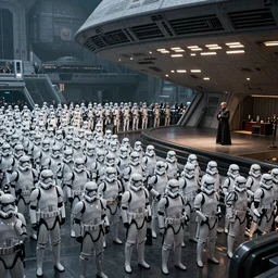 extreme long shot of a orderly huge crowd of imperial stormtroopers, officers and more, in combat gear stand at attention beneath the reviewing stand at the death star, listening to a speech live by the emperor, 8 k, unreal 5, octane render, majestic, superb, cinematic, atmospheric, dramatic, hyperrealistic, ultra detailed, cgi art, volumetric lighting, photoshopped, intricate digital art