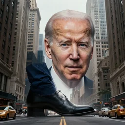 immense, majestic, surreal, terrifying joe biden crushing buildings under his heel in streets of art deco city, perfectly clear face, by j. c. leyendecker and beksinski