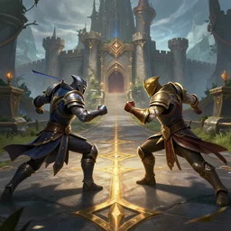 fight scene league of legends style medieval road near castles, center camera composition, volumetric lighting, movie action scene, 8 k, lumen reflections, sharpened, insanely detailed and intricate, elegant, ornate