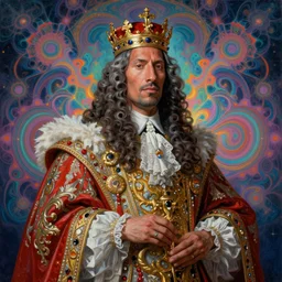 beautiful oil painting, portrait of Dwayne the rock Johnson as Louis xiv in coronation robes 1701, Dan Mumford, dan Mumford, Dan Mumford, Alex grey, Alex grey, lsd visuals, dmt fractal patterns, entheogen, psychedelic, hallucinogen, coherent, highly detailed, ornate