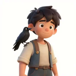 cartoon still, a small boy with dark hair, wearing farm clothes, he has a small crow on his shoulder, artstation, character design, by padleton ward