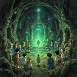 key shot of ancient underground dungeon, studio ghibli, bloom, anime key art, gloomhaven, organic painting, hard edges, luminescent, octane render, by greg manchess, huang guangjian, gil elvgren, sachin teng, greg rutkowski, jesper ejsing, rhads, cushart krenz, anton fadeev