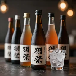 a range of organic geodesic drink sake bottles next to an ice glass of sake, kanji decals, black and orange colour palette, octane render, bokeh, depth of field, product shot