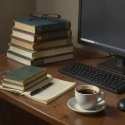 a desk, books, a cup of coffee, computer, hyper realistic style, intricate details, digital painting, dramatic cinematic lighting by john frederick peto and lengjun