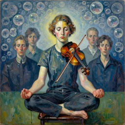 portrait of a young violinist sitting on a stool meditating, painted by vincent lefevre and hernan bas and pat steir and hilma af klint, psychological, symmetrical face, dripping paint, washy brush, background with hundreds of bubbles of memories by andreas gursky, rendered in octane, altermodern, masterpiece