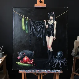 painting of a black painted canvas, on an easel in a dark artist's studio with black walls, tall emo artist catgirl, wet black clothes draped on a rope, 6 black boots, pomegranate, a black pig, courgette, black octopus, sensual, acrylic and oilstick on canvas