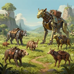 Highly Detailed digital illustration about the beauty of nature in a steampunk world where all animals have been replaced by mechanical beasts. Trending on Artstation