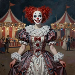 ultra realist soft painting of a single beautiful female clown with gothic makeup big smile croocked teeth in a long dress, curiosities carnival, symmetry accurate features, very intricate details, focus, curvy, artstyle by Tom Bagshaw, award winning