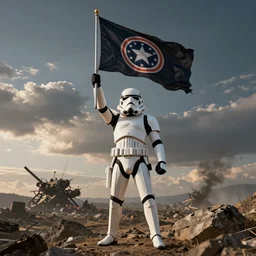 A Star Wars Stormtrooper raising the flag of the Empire at Iwo Jima