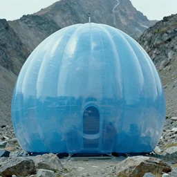 a strange huge translucent pvc inflated organic architecture building blue by anish kapoor sits in the rock mountains, film still from the movie directed by denis villeneuve with art direction by zdzisław beksinski, close up, telephoto lens, shallow depth of field