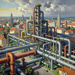 an elaborate penned illustration of a colorful intricate connected city of tubes and pipes, by jan van haasteren