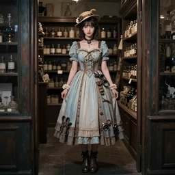 full body portrait photo of reol wearing a elegant pleated steampunk dress, open top, wearing a cute hat, shopping at an apothecary store interior, dim studio lighting, at night, ( ( photograph ) ), moody, realistic, detailed, low light, skin tinted a warm tone, light blue filter