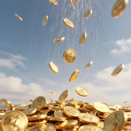 the sky is raining down gold coins, octane render, 4 k, digital art, trending on artstation, artgerm, vfx, highly detailed, hyper realistic