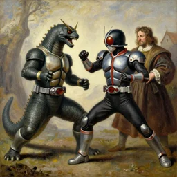 a renaissance oil painting of kamen rider sparring with a kaiju by al williamson and rembrandt, trending on artstation