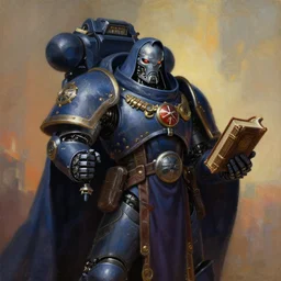 painting of a cloaked tech priest holding a book, Adeptus Mechanicus!!!, cybernetic enhancements attached to his body, praise the omnissaiah, Zdzislaw Beksinski, Lewis Jones, mattias adolfsson, Warhammer 40K!!, cold hue's, warm tone gradient background, concept art, digital painting