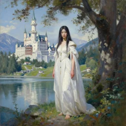 oil painting by ilya kuvshinov,, baugh casey, artgerm craig mullins, sakimi, coby whitmore, of a youthful japanese girl, long hair, female warrior in the alps, full body, wearing white gown, highly detailed, otherworldly face, disney palace in background studio photography, noon, intense bounced light, water reflection, large tree casting shadow, by zack snyder