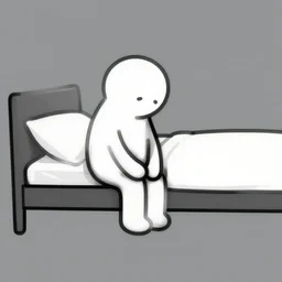 digital art, sad stick figure sitting on the ledge of a bed, simplistic, concept art, creative