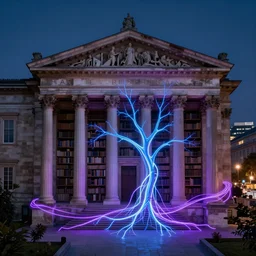 city of classical librarys, by rhads, 4 k, glowing blue veins, purple glowing wires