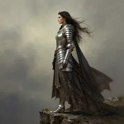 portrait of a beautiful mysterious woman warrior wearing an armour costume, profile view, standing on edge of cliff, fantasy, regal, intricate, by stanley artgerm lau, greg rutkowski, thomas kinkade, alphonse mucha, loish, norman rockwell