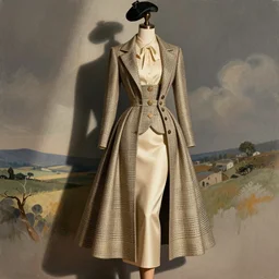 a detailed high fashion couture illustration of a mid - century outfit