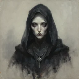 a portrait painting of a hooded creature with a necklace by ben templesmith and artgerm, concept art, fantasy art, wiccan, lovecraftian, mystical trending on cgsociety, trending on artstation